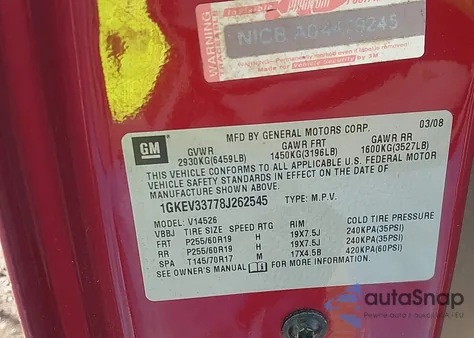 2008 GMC Acadia Slt-2 из США, поврежденный, VIN 1GKEV33778J262545